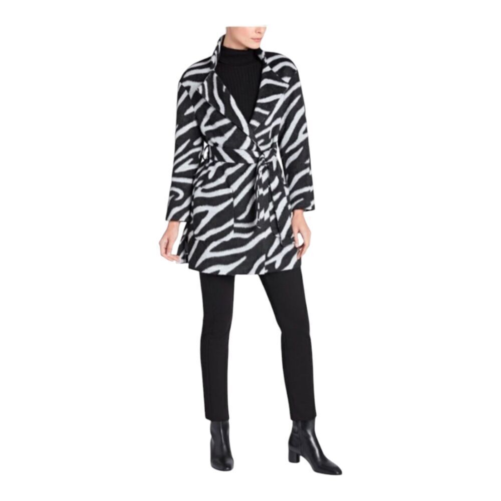 Jones New York Zebra Print Faux Fur Zebra Print Black & Gray Belted Wrap Coat, M